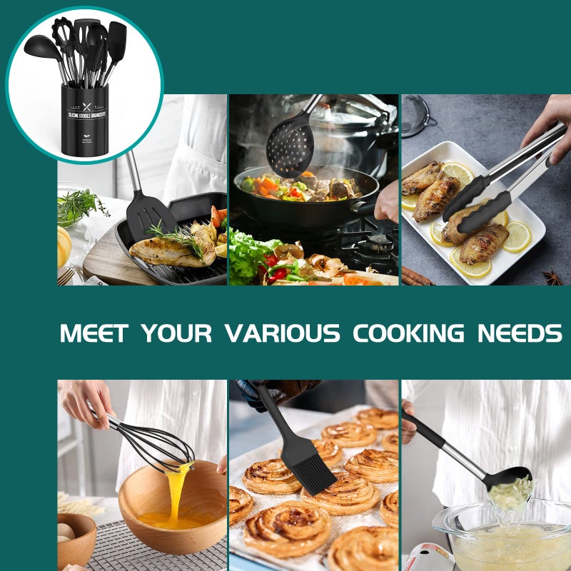 Umite Chef Silicone Cooking Utensil Set, Umite Chef 15pcs Silicone Cooking Kitchen Utensils Set, Non-stick - Best Kitchen Cookware with Stainless Steel Handle - Black Kitchen Utensils - Image 4